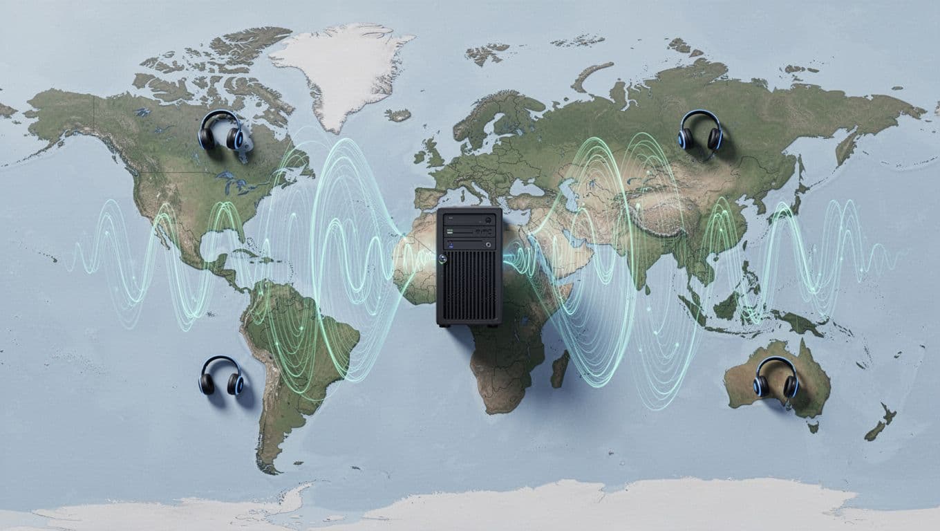 World map with central North American server radiating audio waveforms to headphone icons on every continent.