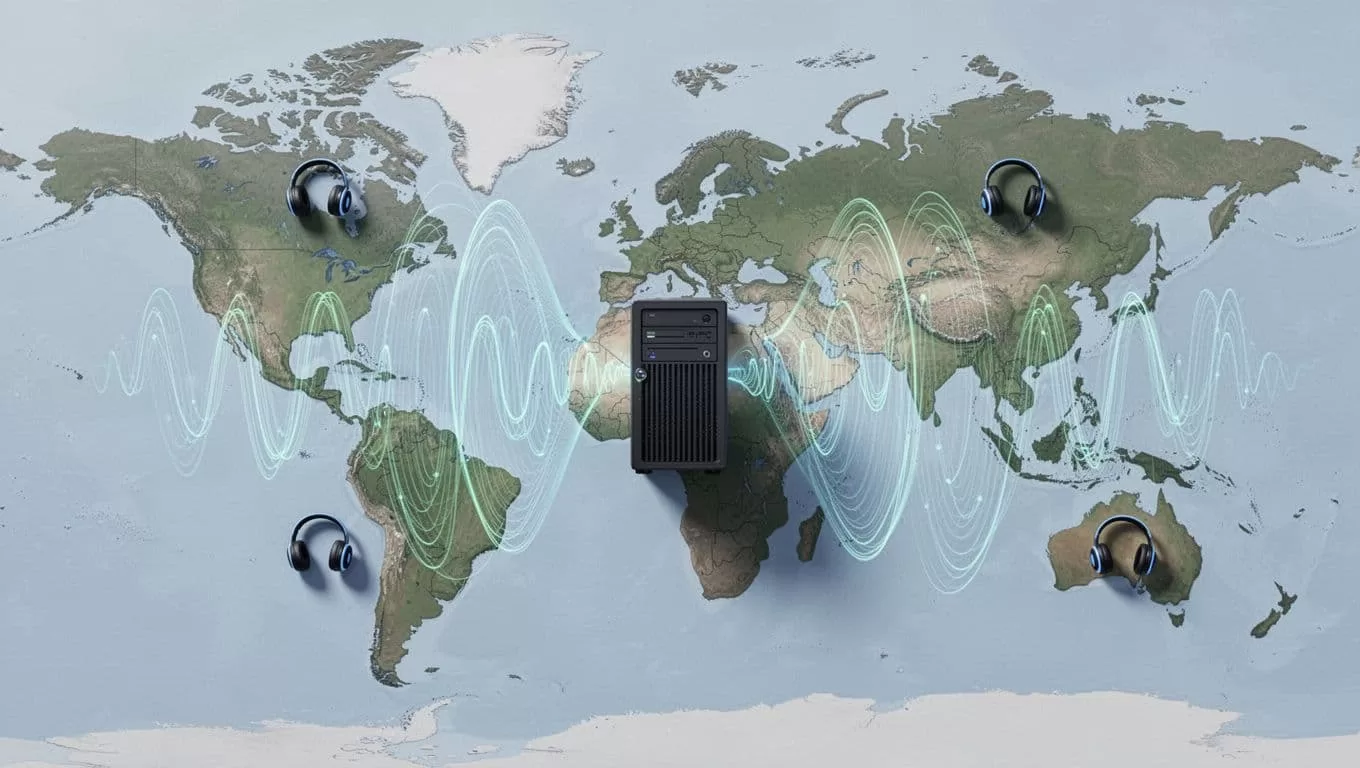 World map with central North American server radiating audio waveforms to headphone icons on every continent.