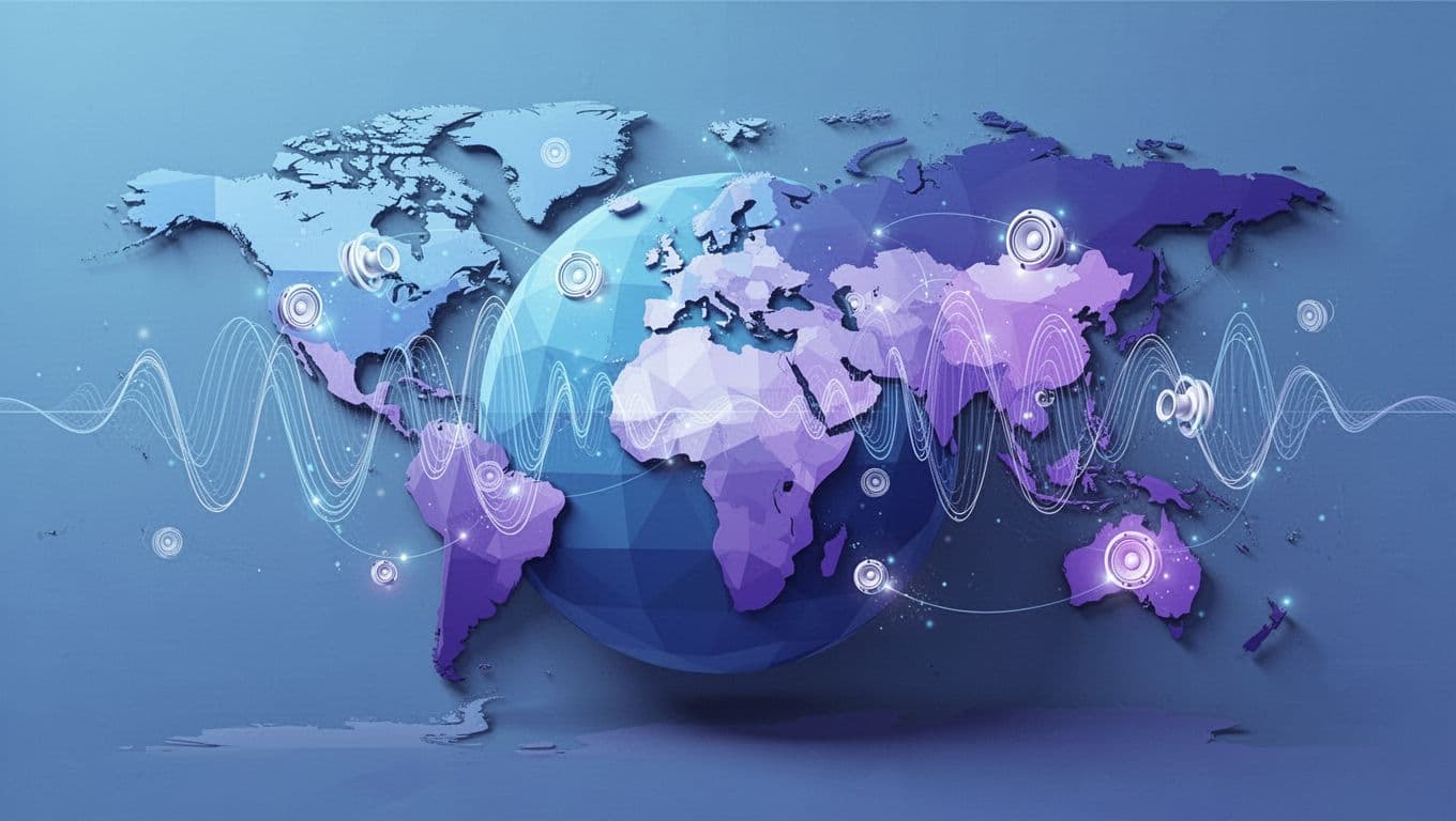 World map with sound waves and microphone icons linking North America, Europe, Asia, and Australia in blue-purple tones.