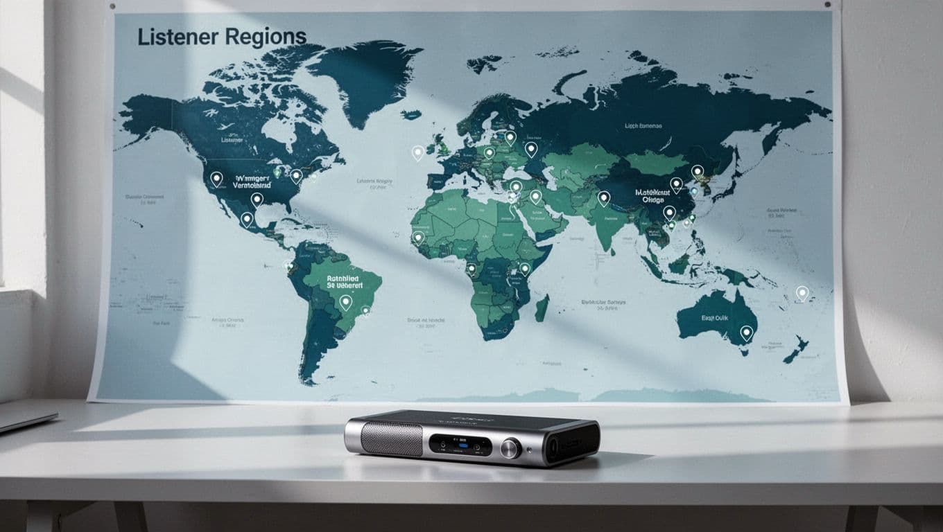 Blue-green world map highlights top listener countries with percentage icons and foreground podcast microphone on simple desk.