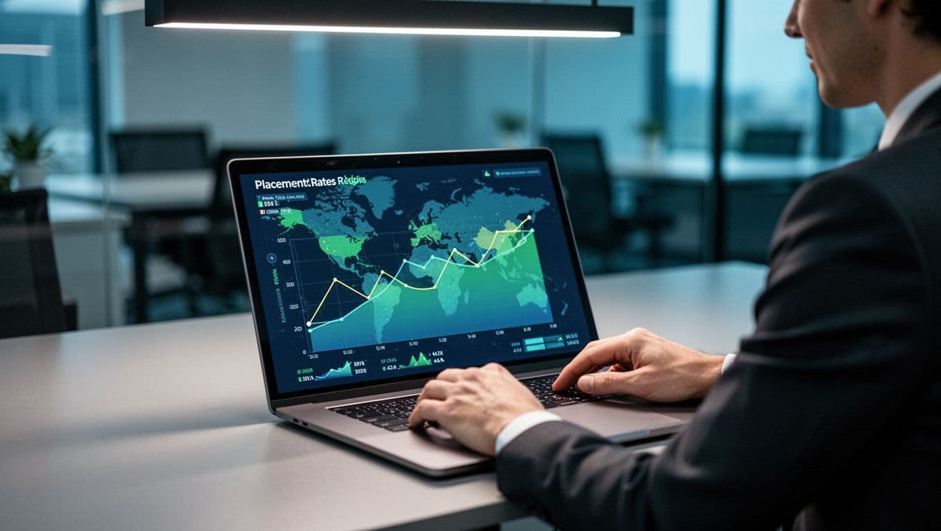 Recruiter in modern office views laptop dashboard with recruitment graphs and world map data points.