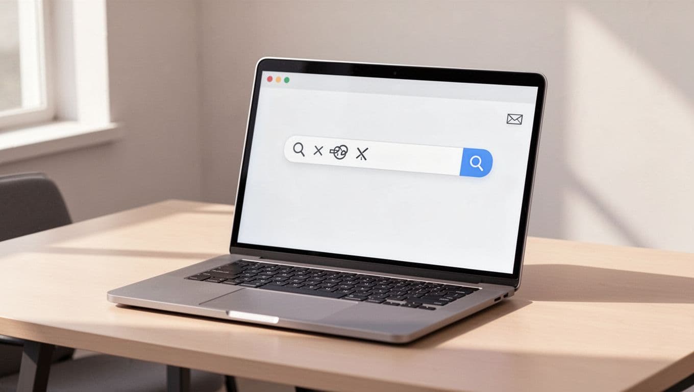 Modern illustration showing Gmail search bar on a laptop screen with combined operators like from:sender before:2020/01/01 has:attachment, angled view on office desk, soft lighting, clean shapes.