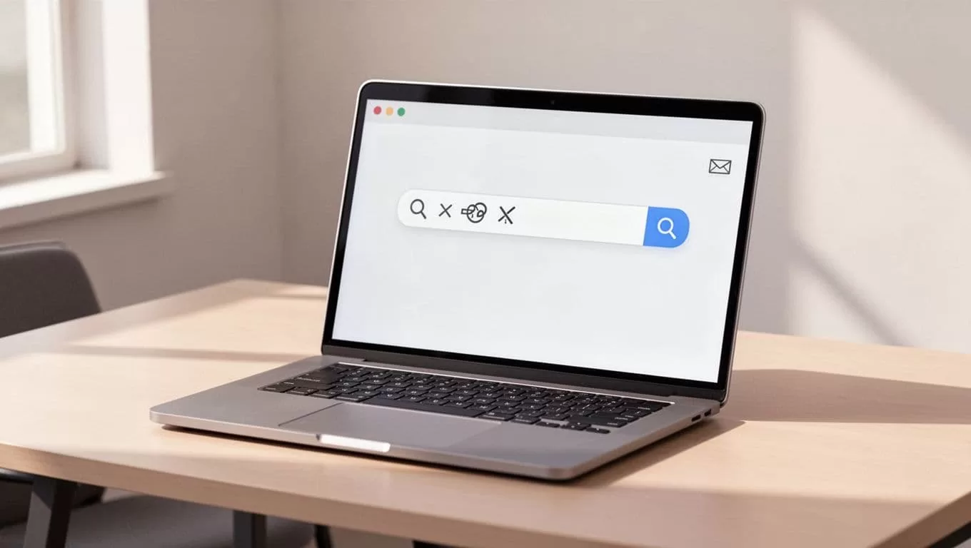 Modern illustration showing Gmail search bar on a laptop screen with combined operators like from:sender before:2020/01/01 has:attachment, angled view on office desk, soft lighting, clean shapes.