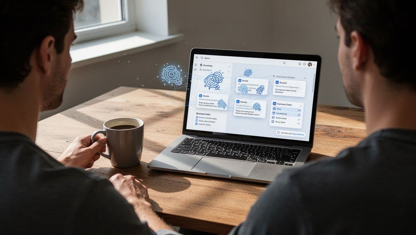Modern illustration of a laptop screen displaying an organized Gmail inbox with subtle AI icons assisting in sorting emails into bundles, summaries, and tasks. Desk setup includes a coffee mug, resting hand, natural window light, and soft shadows, viewed from behind one person.
