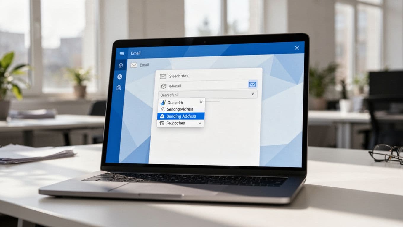 Modern illustration of a close-up Gmail compose window with the alias dropdown selected for sending email, featuring a clean blue-white palette and natural office background.