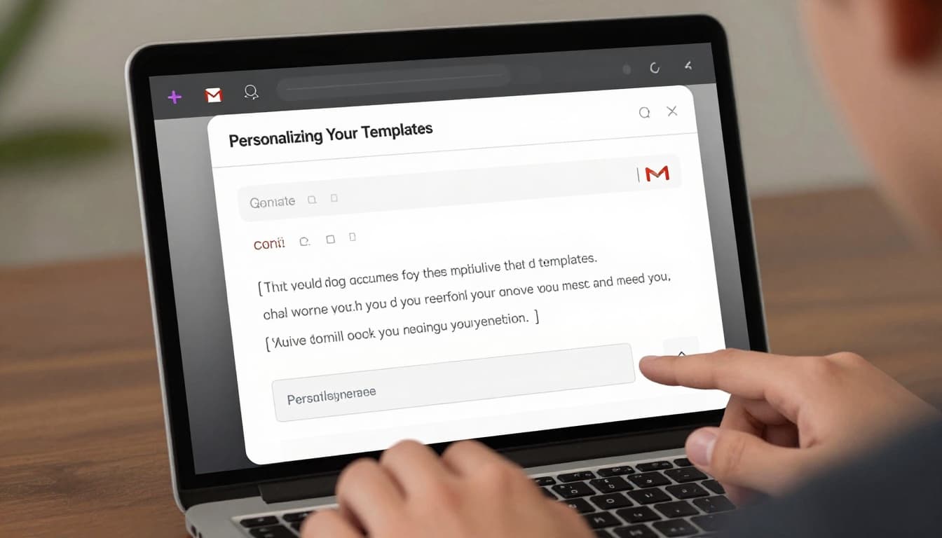 Modern illustration matching previous style: close-up of Gmail compose window with inserted template text, person's hands relaxed on keyboard nearby. Controlled palette, clean lines, focus on email body with placeholder text like brackets, no readable specific words, no logos, exactly two hands visible partially obscured.