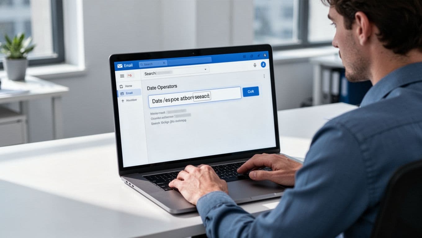 Modern illustration of a person at a desk searching old emails in Gmail using date operators in the search bar on a laptop, with clean shapes and blue-white palette.
