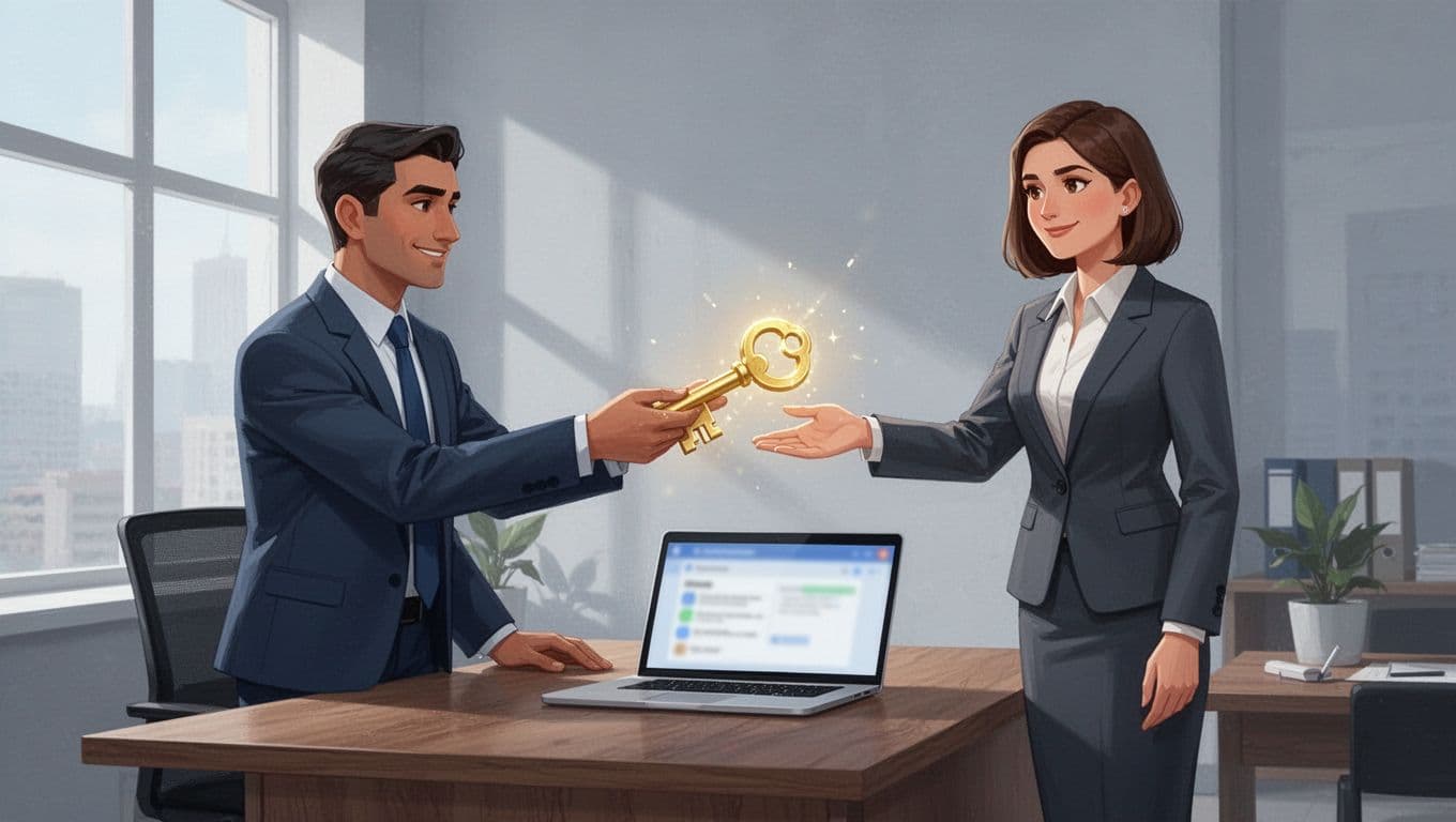 Modern illustration in a clean blue-gray palette showing a busy executive at a wooden desk passing a symbolic glowing key to a standing executive assistant, with a shared laptop displaying a blurred Gmail inbox in the foreground, emphasizing trust and collaboration.
