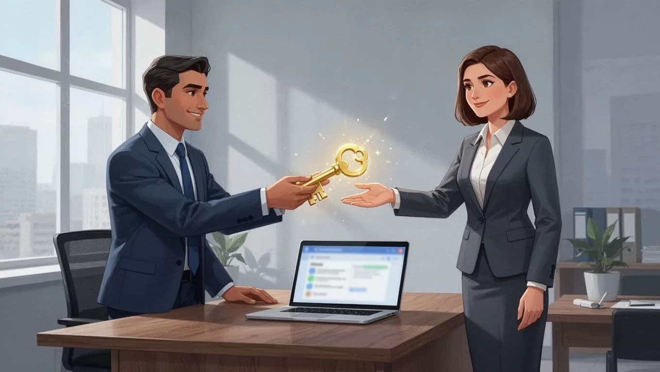 Modern illustration in a clean blue-gray palette showing a busy executive at a wooden desk passing a symbolic glowing key to a standing executive assistant, with a shared laptop displaying a blurred Gmail inbox in the foreground, emphasizing trust and collaboration.
