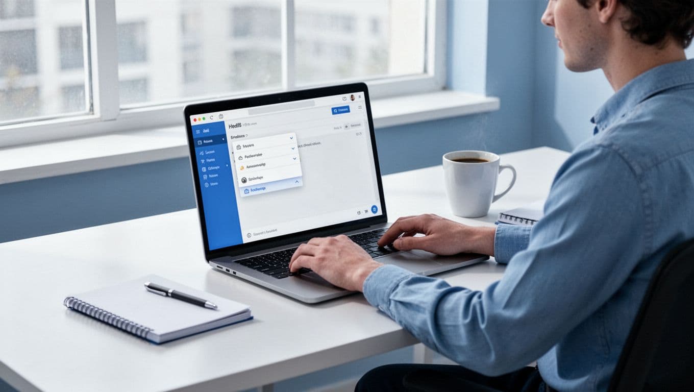 A single person at a clean modern desk with laptop displaying Gmail search options dropdown for filter creation, hands resting near keyboard, coffee mug and notebook nearby, in modern illustration style with blues and whites.