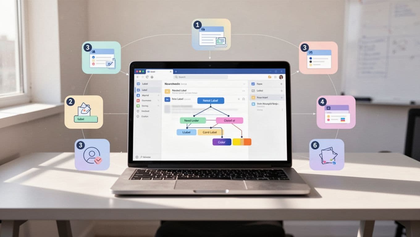 Modern step-by-step icons on a laptop screen illustrating label creation, nesting, and color application in Gmail settings, with a simple office desk background.