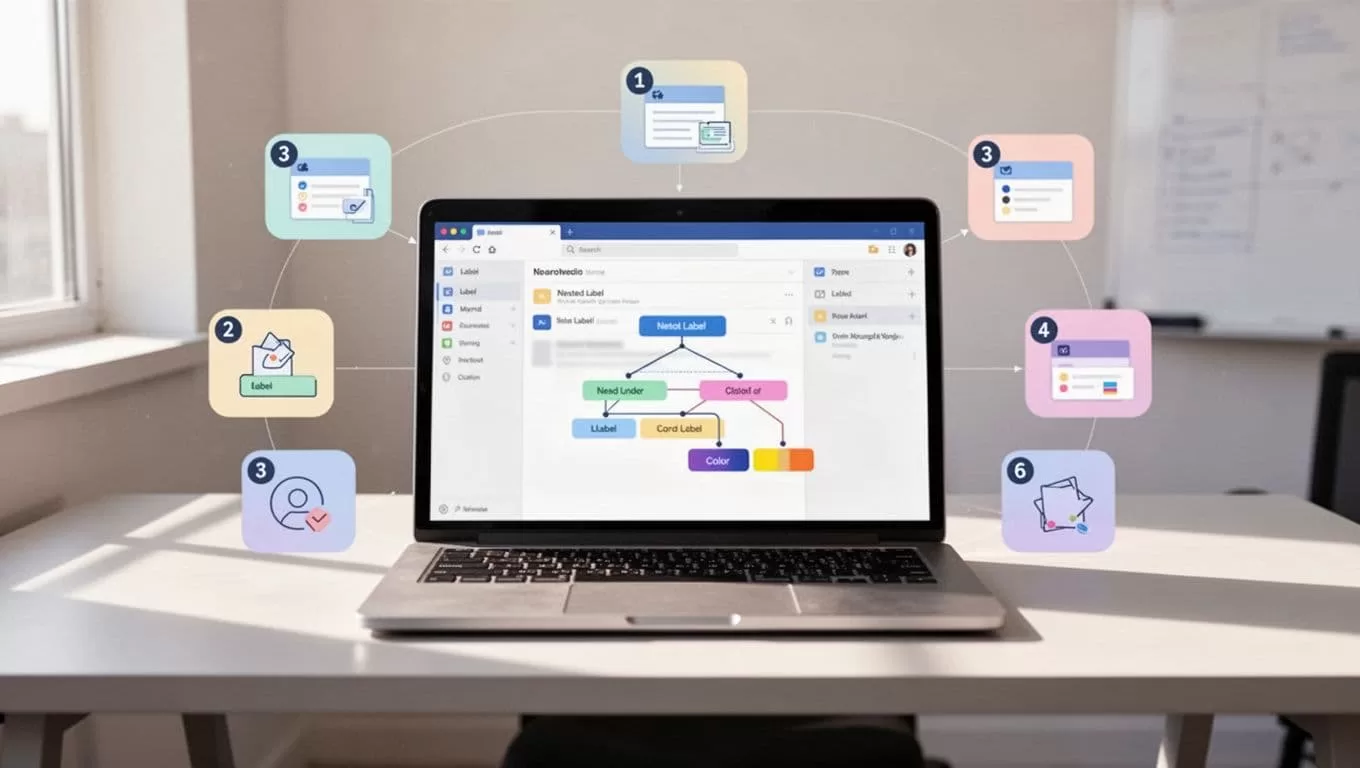 Modern step-by-step icons on a laptop screen illustrating label creation, nesting, and color application in Gmail settings, with a simple office desk background.