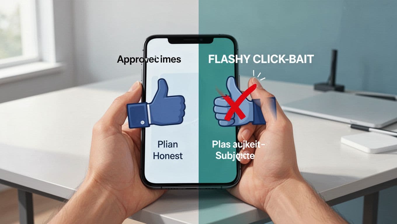 Split-scene minimalist illustration on a phone screen held in hand, contrasting thumbs up for honest email subject lines and thumbs down for clickbait, in a clean desk setting with blue-green palette.