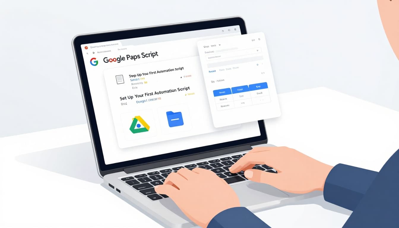 Modern illustration of a person at a desk with a laptop open to the Google Apps Script editor showing file renaming code and nearby Google Drive folder icons, focusing on the screen and hands on the keyboard.