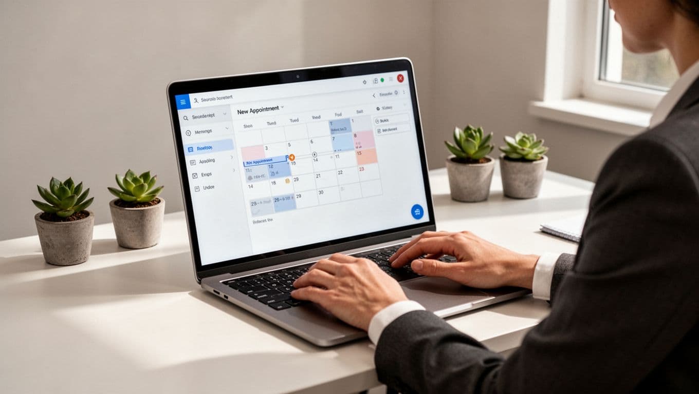 Modern illustration of a professional at a clean desk with laptop displaying Google Calendar appointment schedule creation screen, simple office background with plants, focusing on screen and hands on keyboard with clean shapes and soft lighting.