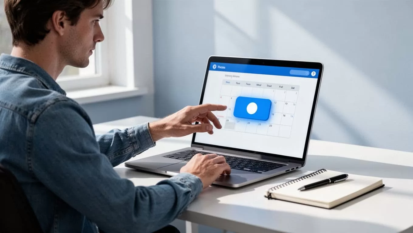 Modern illustration of laptop screen showing Google Calendar sidebar with 'Create new calendar' button highlighted, clean workspace with notebook and pen, side view of one person at desk.