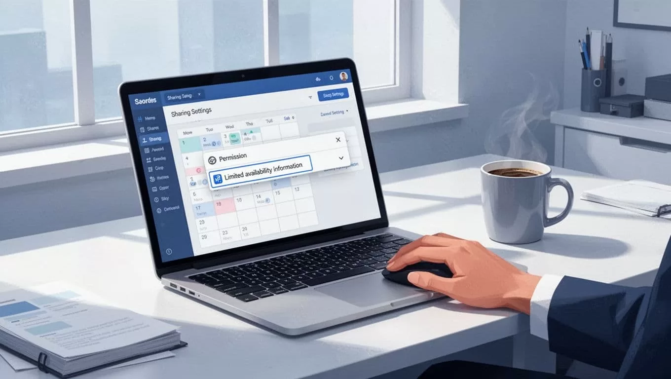 Modern illustration of a laptop screen showing Google Calendar settings with 'Share with specific people' open and 'See only free/busy (hide details)' selected for a client email, on a clean office desk with coffee mug and one hand on mouse.