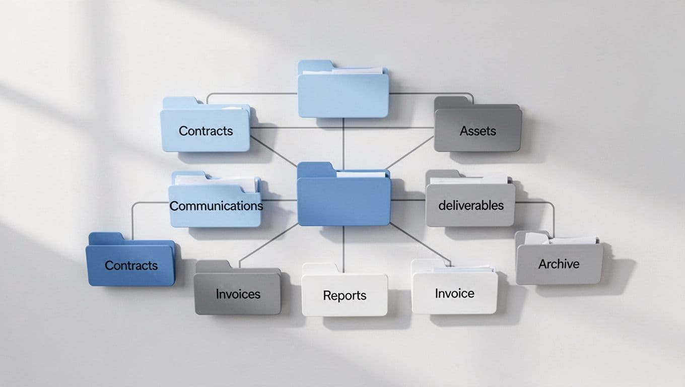 Modern tree-like illustration of a Google Drive folder structure for client projects, branching from a main folder to subfolders: Contracts, Communications, Assets, Deliverables, Invoices, Reports, and Archive, using clean shapes in soft blues, grays, and whites.