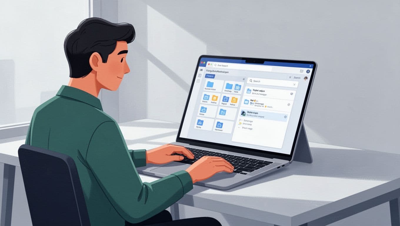 Modern illustration of a person at a desk thoughtfully reviewing duplicate file search results on a laptop screen displaying the Google Drive interface, using clean shapes and blue-green colors.