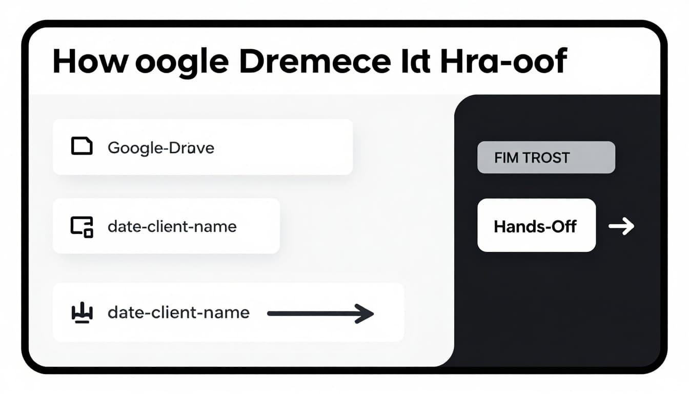 Modern illustration in clean shapes depicting a flowchart of file upload to Google Drive that triggers automatic renaming to a date-client-name pattern, using simple icons for script trigger and renamed file.