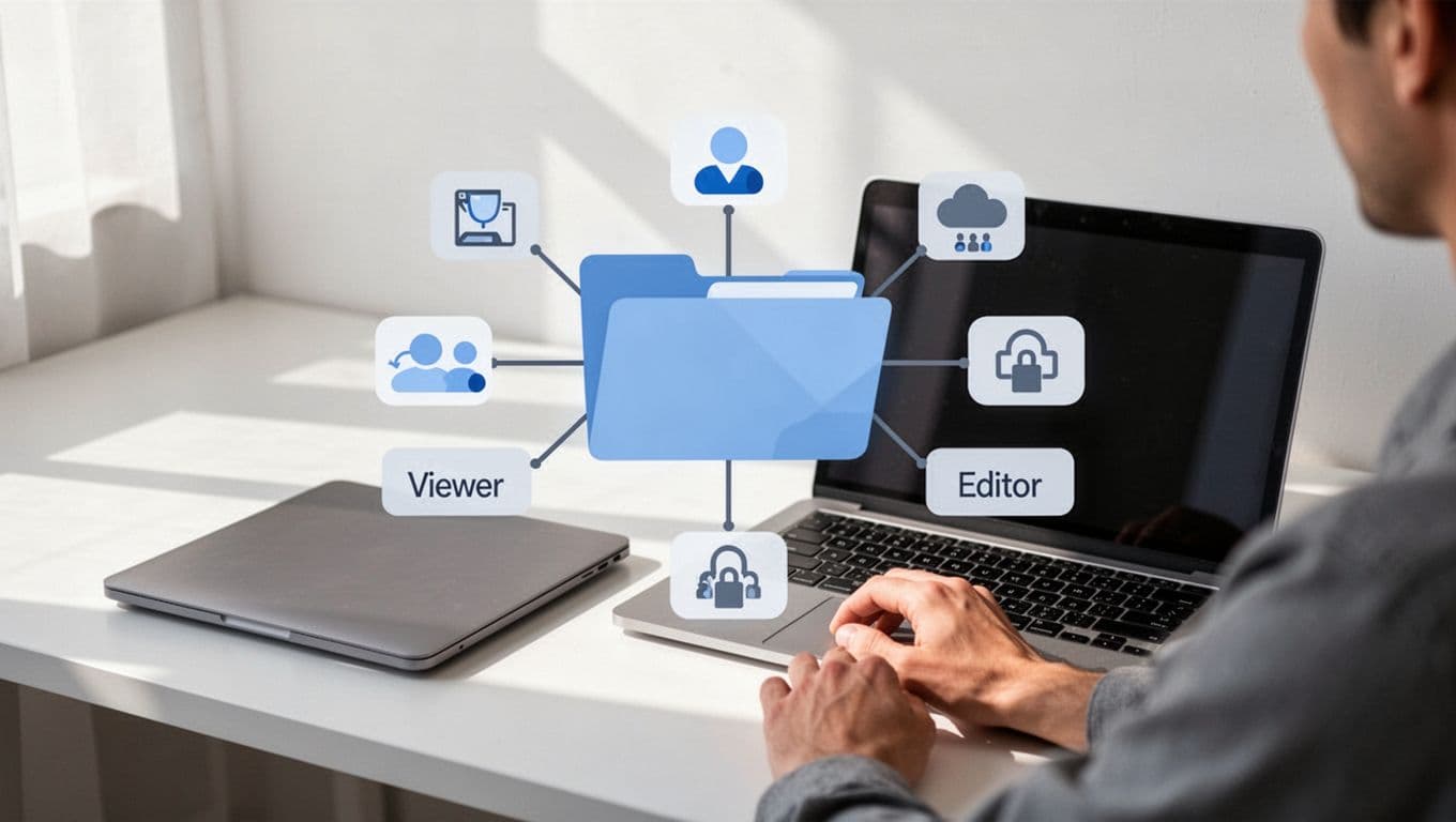 Modern illustration of Google Drive folder sharing process with a central shared folder icon branching to permission levels like viewer and editor, composed on a simple desk with off-screen laptop and relaxed hands on keyboard in soft blue-gray-white palette.