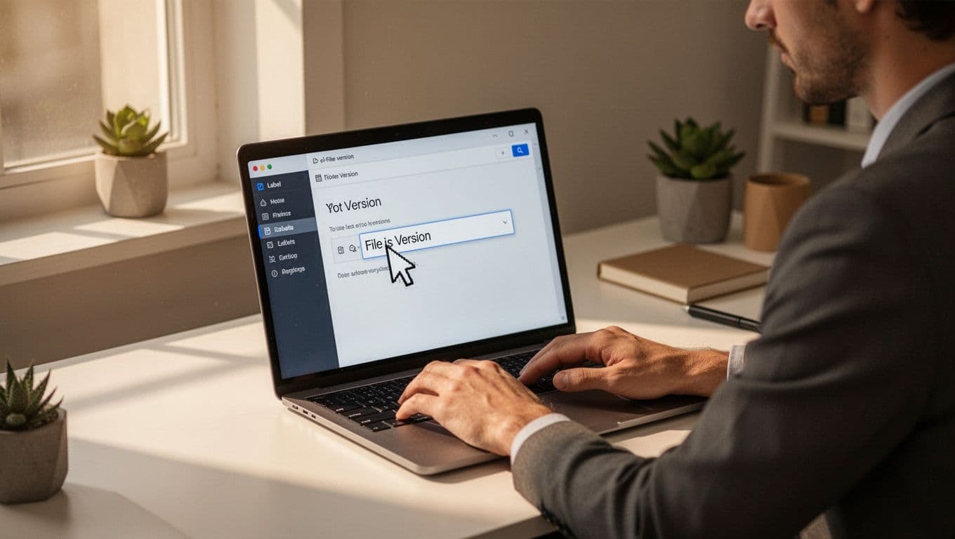 Professional in home office naming a version in Google Drive history panel, screen displaying labeled versions like 'Client Approved v2', modern illustration with clean shapes, soft warm lighting, focused on laptop screen and mouse cursor.