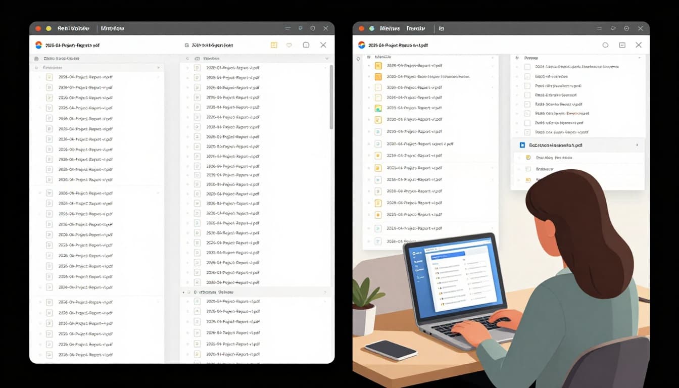 Modern illustration showing organized Google Drive folders with consistently renamed files like '2026-04-Project-Report-v1.pdf' in a clean desk setting with the Drive app on screen, viewed by one person. Neat stacks imply a before-and-after organization through automation, using clean shapes, controlled colors, and soft lighting.