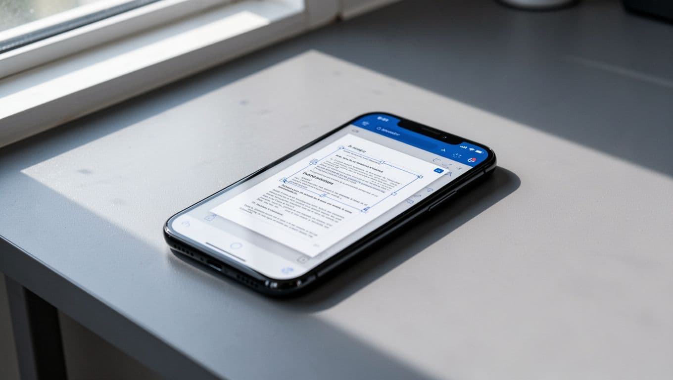 Modern illustration of an edited scan document on a phone screen in Google Drive, showing a cropped multi-page PDF preview on a clean desk setup. Features blue-white palette, natural light, soft gray background, strong composition with no readable text, people, or logos.