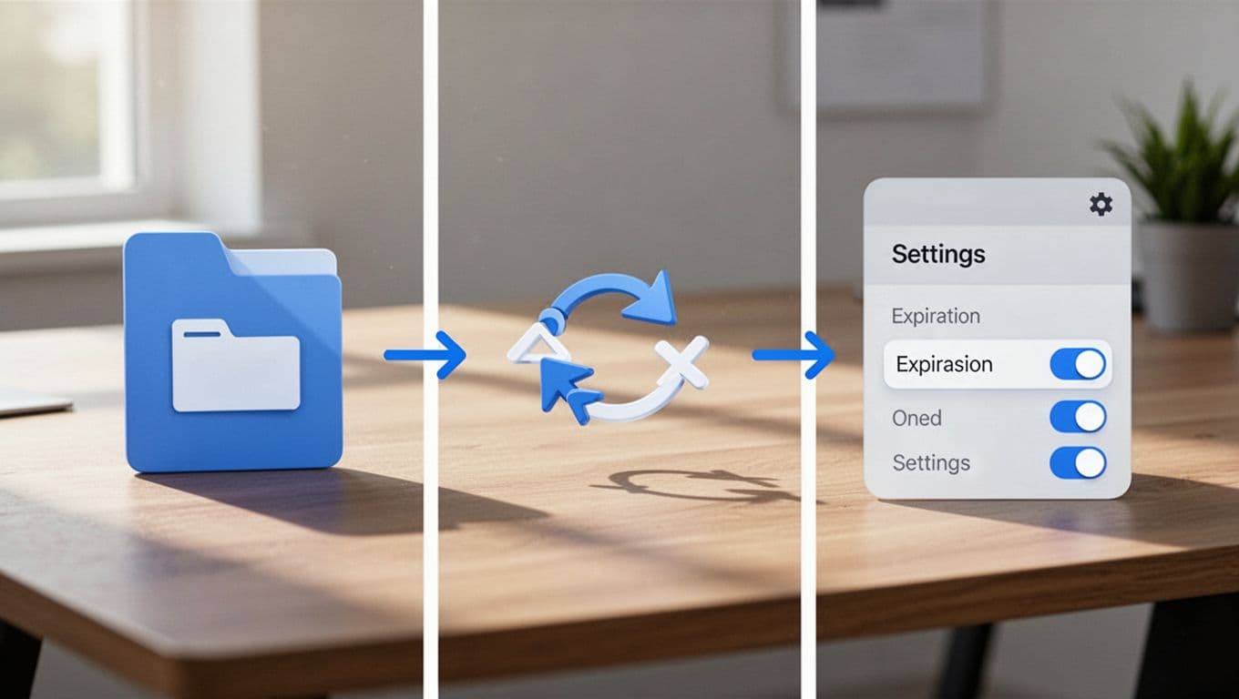 Modern illustration with clean shapes showing step-by-step icons of a Google Drive file, share button, and expiration settings panel, connected by progression arrows across three panels.