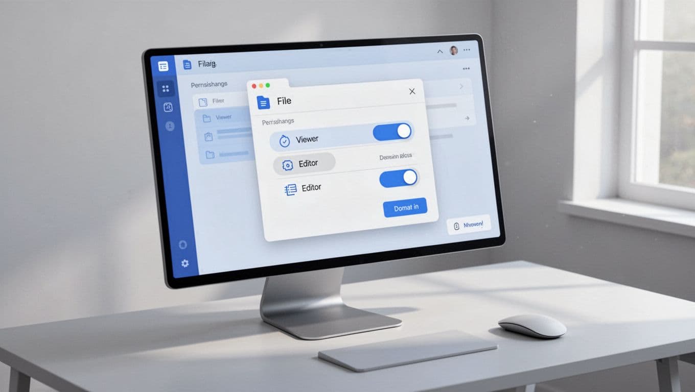 Modern clean line illustration of Google Drive share settings dialog displaying permission options like viewer, editor, and restrict to domain, on a desk with mouse, screen angled slightly, abstract focus on interface.