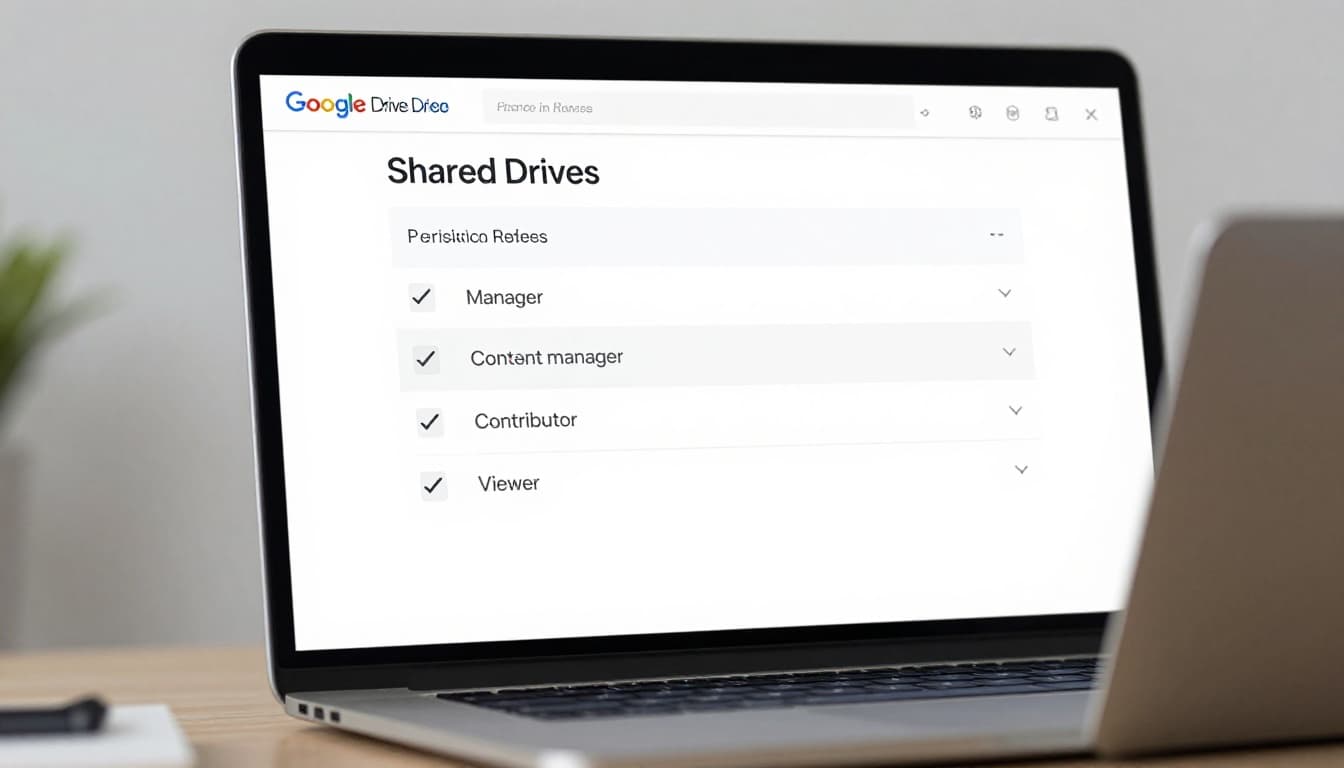 Modern illustration of a Google Drive shared drive permissions interface on a laptop screen, showing roles like Manager, Content Manager, Contributor, and Viewer with checkmarks in a bright workspace.
