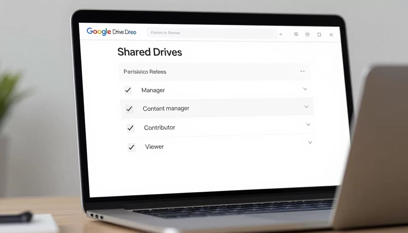 Modern illustration of a Google Drive shared drive permissions interface on a laptop screen, showing roles like Manager, Content Manager, Contributor, and Viewer with checkmarks in a bright workspace.