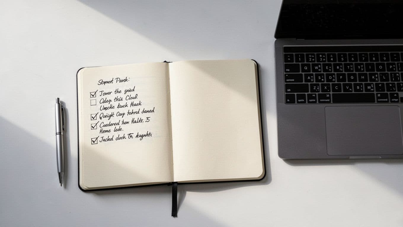 Top-down modern illustration of a notepad featuring a checklist for Google Drive sharing audit next to a computer on a simple desk, with clean shapes and bright lighting.
