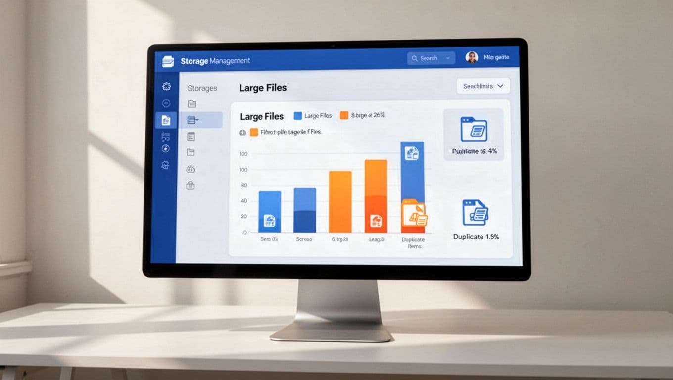 Modern illustration of a Google Drive storage management page on a computer screen, highlighting file sizes and duplicates using clean shapes, blues and oranges color palette, centered composition, no text or logos.