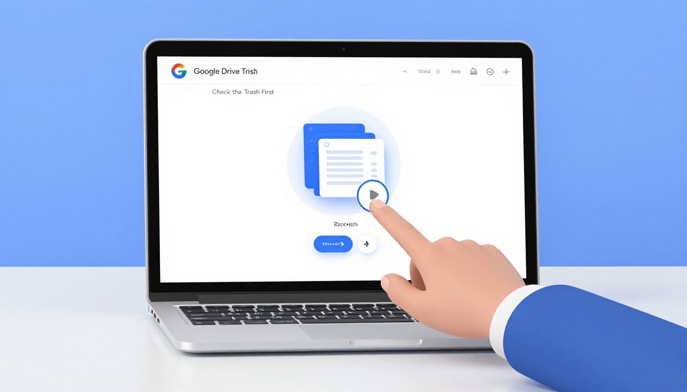 A person at a desk in a modern office sits before a laptop open to the Google Drive trash folder displaying deleted file icons, with their hand hovering over the restore button, rendered in a clean modern illustration style with soft blue tones and strong focus on the screen and hand.