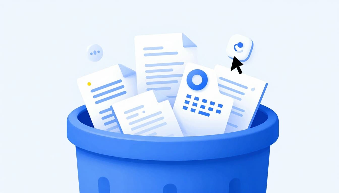 Modern illustration of a stylized Google Drive trash bin overflowing with file icons like documents and images, a cursor arrow pointing to a restore button, set against a minimal Drive sidebar background in blues and whites.