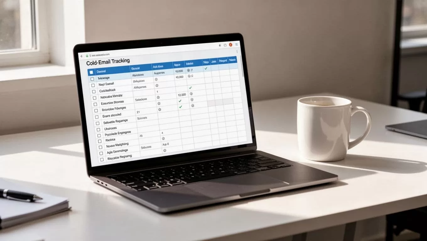 Modern illustration of a laptop screen displaying Google Sheets with a tracking table featuring columns for Prospect, Email Sent Date, Reply Status, Reply Date, and Thread Link, placed on a simple office desk with a coffee mug nearby.