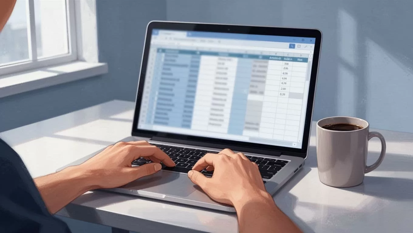Modern illustration of a laptop screen displaying a blurred Google Sheets spreadsheet with columns labeled Company, Domain, Email; hands typing on keyboard nearby on a simple office desk with coffee mug.
