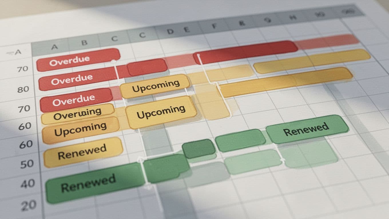 Modern illustration of Google Sheets spreadsheet rows with conditional formatting: red for overdue contracts, yellow for upcoming, and green for renewed; clean grid layout, no readable text.