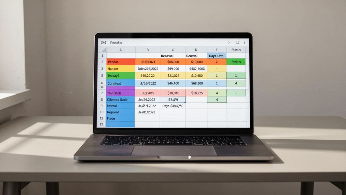 Modern illustration of a laptop on a simple desk displaying Google Sheets with columns for Vendor Name, Renewal Date, Days Until, and Status, including highlighted sample data rows.