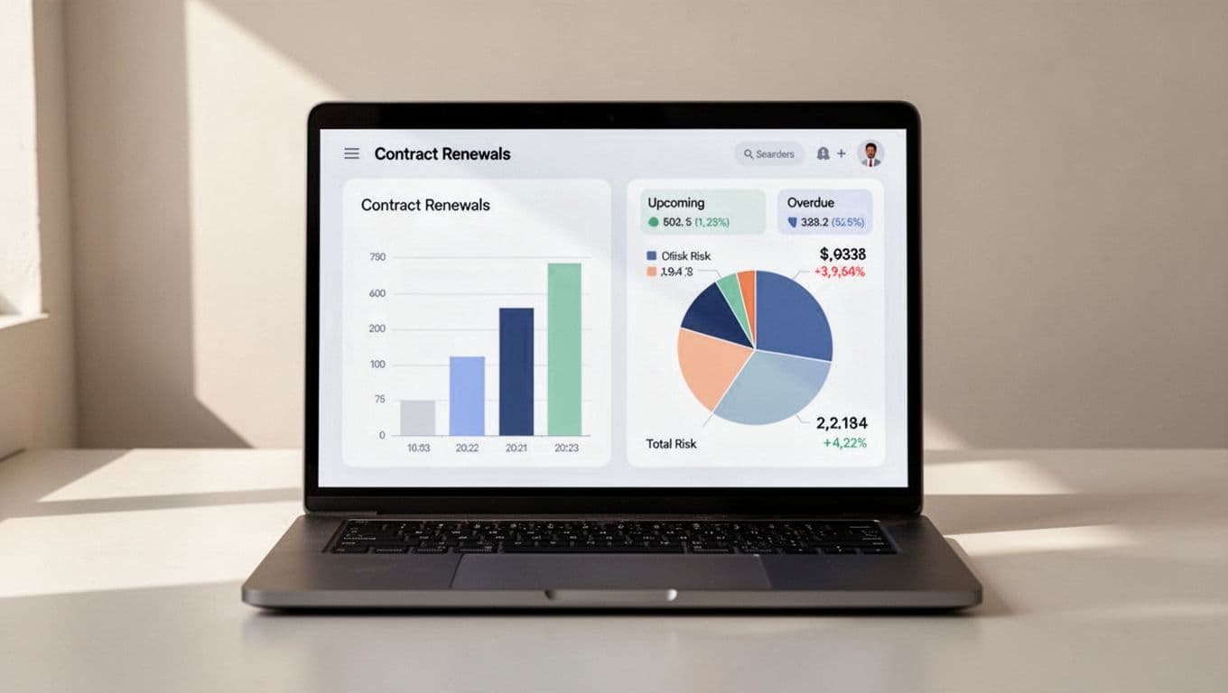Modern illustration of a laptop screen showing a clean Google Sheets dashboard summarizing contract renewals with charts for due soon, overdue, and total value at risk. Landscape aspect ratio, strong composition, simple background, no readable text.