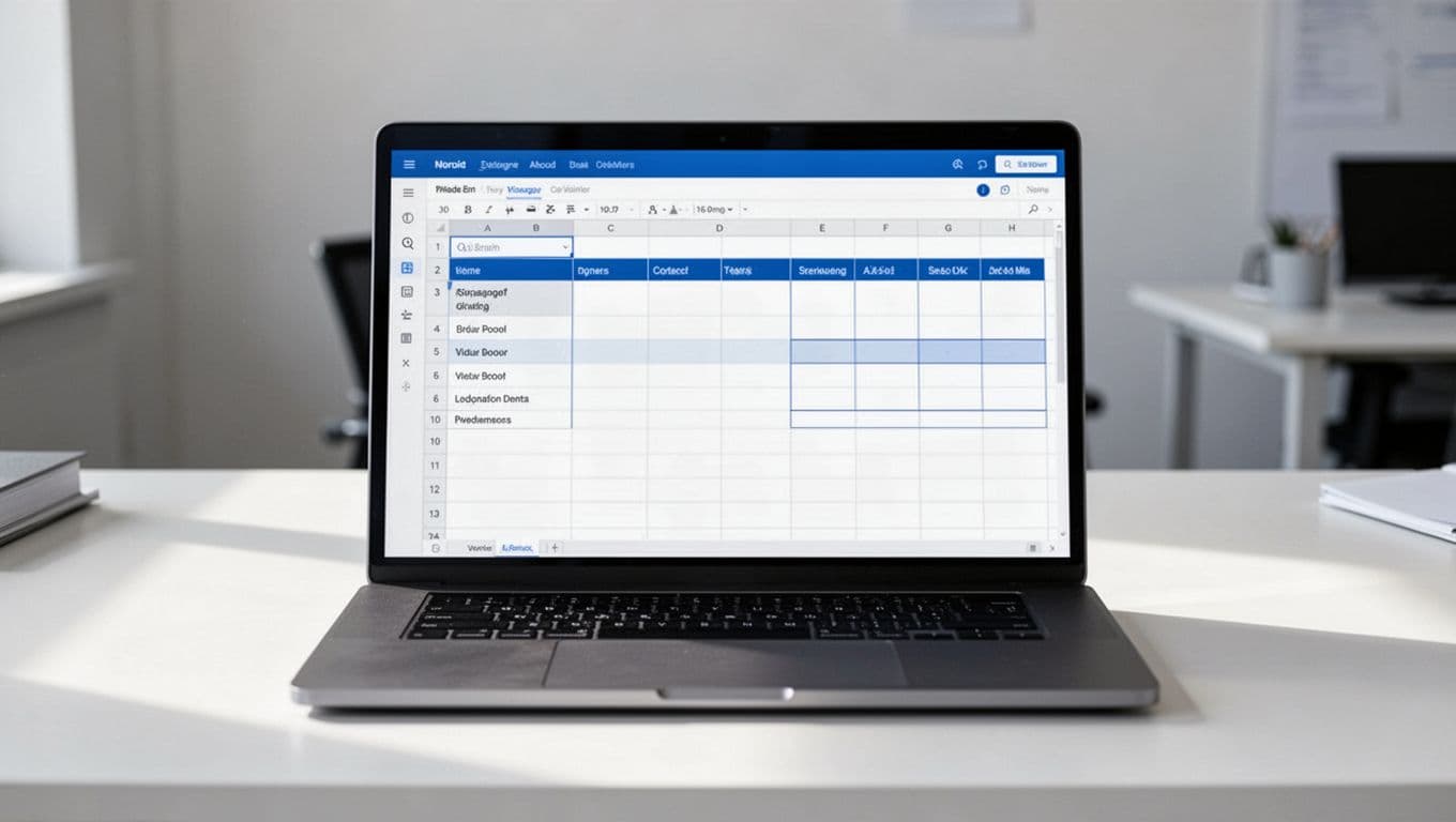 Modern illustration of a simple Google Sheets CRM spreadsheet open on a laptop screen, showing columns for contact name, company, email, phone, lead source, status, follow-up date, deal value, and notes. Features clean shapes, blue and white palette, soft office lighting, and no readable text.