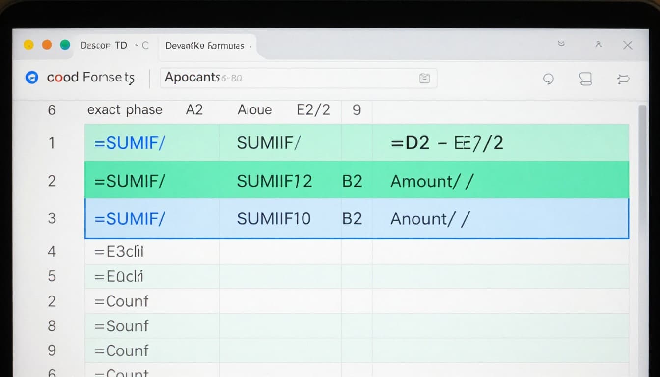 Modern illustration of Google Sheets formula bar and active cell highlighting for balance calculation in an expense tracker, displaying the exact formula '=D2 - E2/2'. Clean design with blue-green palette, focusing on screen closeup without people or watermarks.