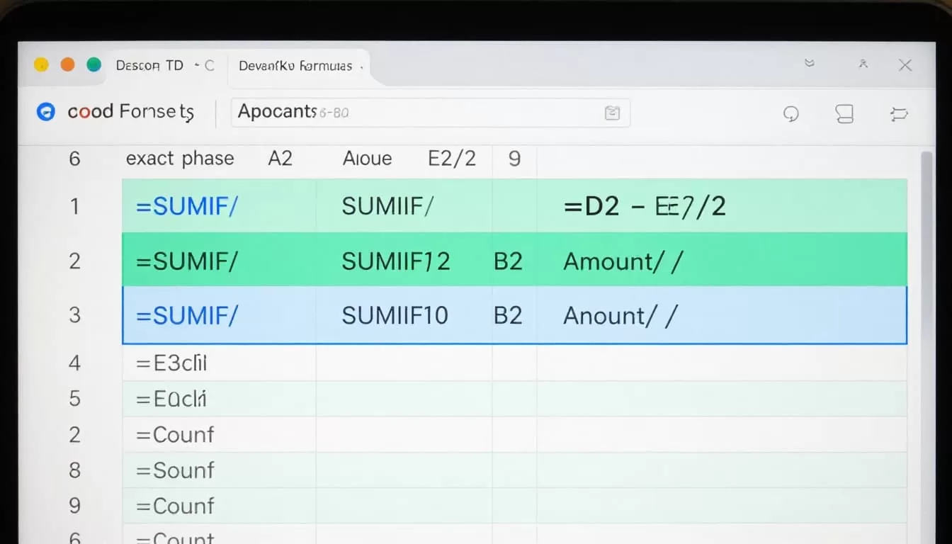 Modern illustration of Google Sheets formula bar and active cell highlighting for balance calculation in an expense tracker, displaying the exact formula '=D2 - E2/2'. Clean design with blue-green palette, focusing on screen closeup without people or watermarks.