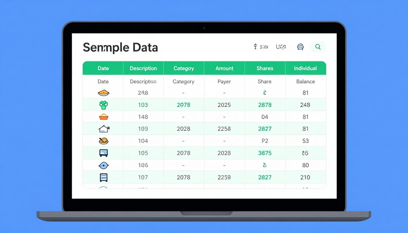 Modern illustration of a Google Sheets spreadsheet for shared expense tracking, displaying columns for Date, Description, Category, Payer, Amount, Shares, and Individual Balance with five sample rows including category icons, viewed on a laptop screen at a slight angle.