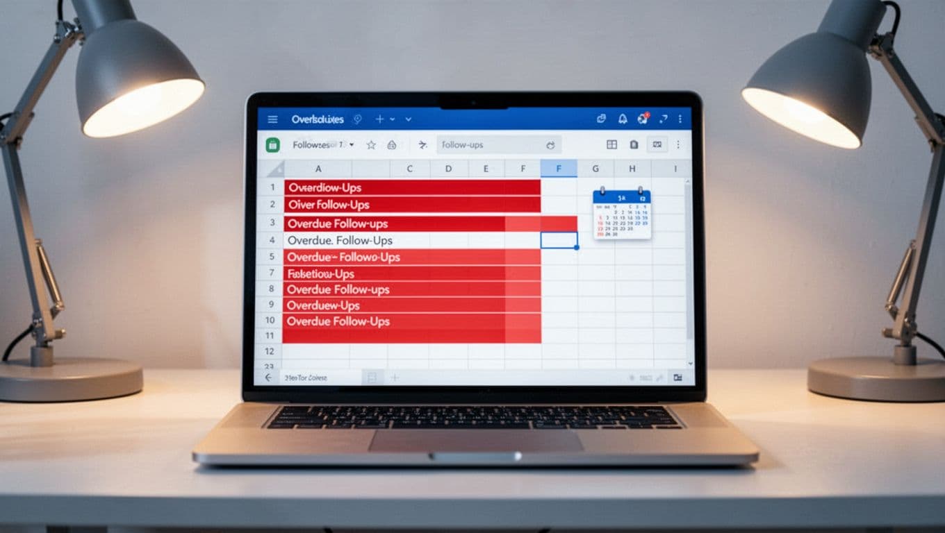 Modern illustration of a laptop screen showing a filtered Google Sheets view highlighting overdue follow-ups in red rows, with clean blue and white palette, calendar icon, and desk lamp lighting.
