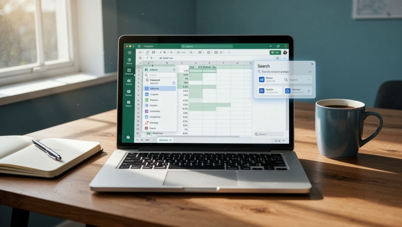 Modern illustration of a laptop on a wooden desk displaying Google Sheets with Hunter.io sidebar add-on and email finder interface, notebook and coffee mug nearby, natural window light.