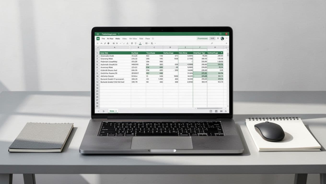 Google Sheets spreadsheet open on a laptop screen displaying columns for Company Name, Location, and Website with formulas batch-filling websites, on a simple desk with mouse and notepad. Modern illustration in neutral grays and greens, centered on the spreadsheet interface.