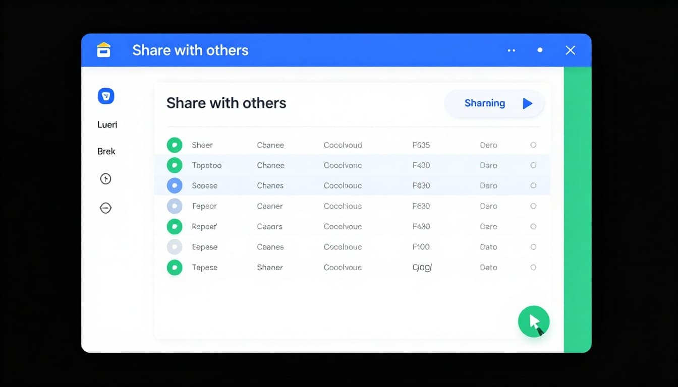 Illustration of Google Sheets sharing dialog for collaborative expense tracker, showing share button, permissions dropdown, and link generation in modern blue-green UI style.