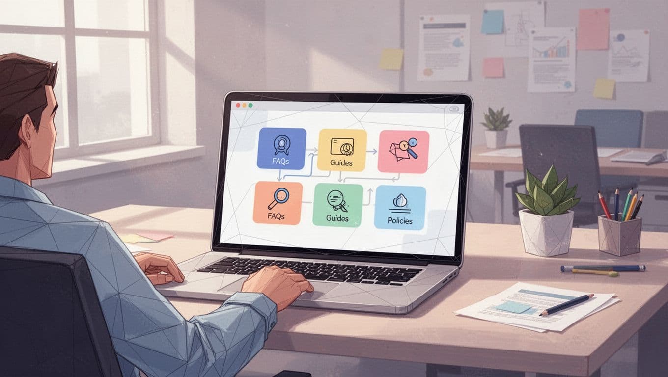 Modern illustration of a team navigation menu in Google Sites knowledge base with categories like FAQs, Guides, and Policies, shown in simple wireframe style on a laptop screen in a collaborative workspace viewed by one person.